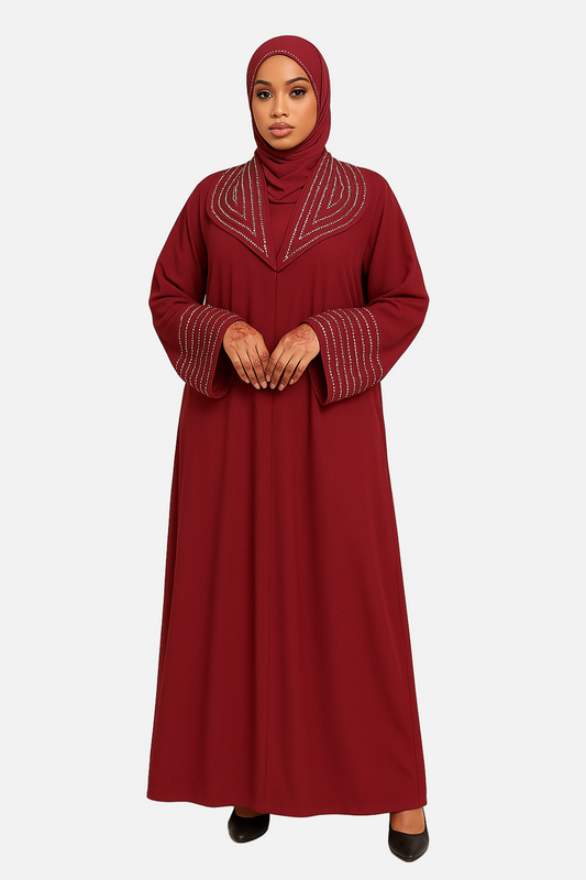Rhinestone Collar Abaya – Red