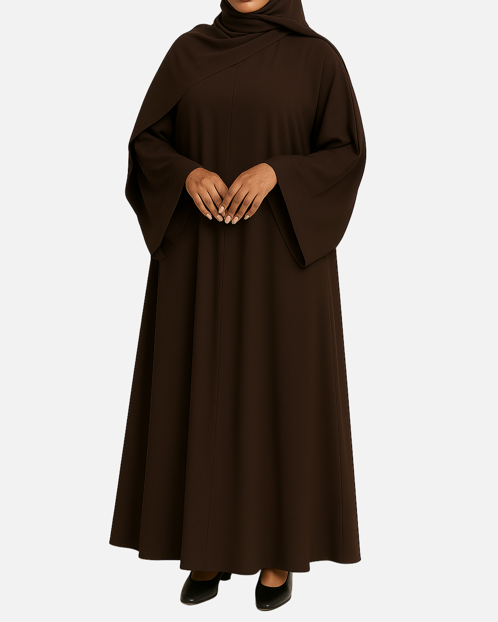 Woman wearing a brown abaya on a white background