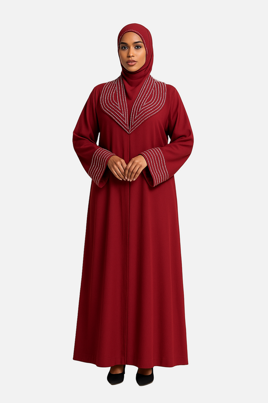 Rhinestone Collar Abaya – Red